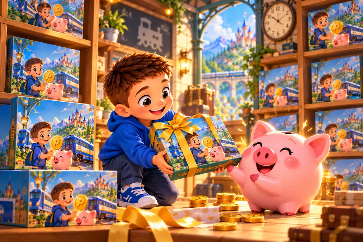 Pablo regalando un juego a su cerdito hucha en una tienda llena de juegos